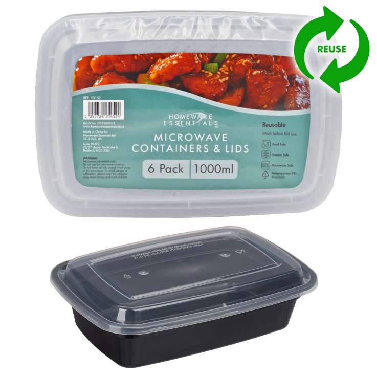 Homeware Essentials Meal Prep Reusable Microwave Containers & Lids (1000ml) 6 Pack