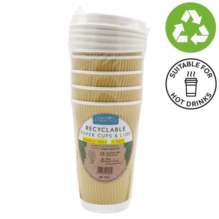 Recyclable Double Wall Paper Cups & Paper Lids (475ml) 5 Pack