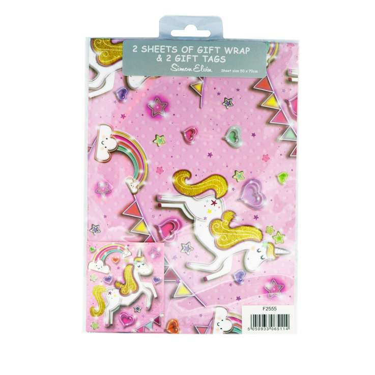Gift Wrap 2 Pack + 2 Tags (50cm x 70cm) - Pink Unicorns