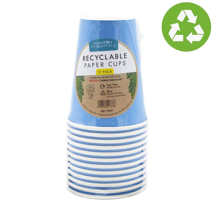Homeware Essentials Recyclable Paper Cups (350ml) 12 Pack - Blue