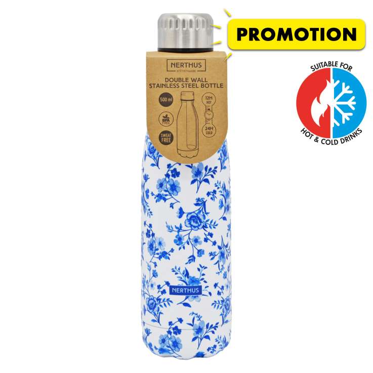 Nerthus Stainless Steel Hot & Cold Drinks Bottle (500ml) - Blue Flowers