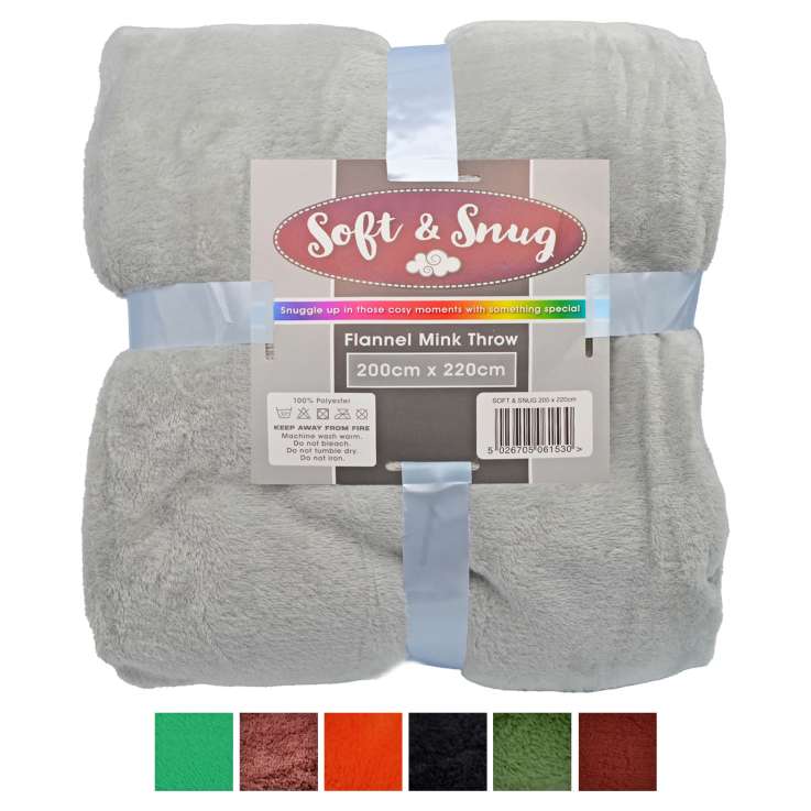 Soft & Snug Flannel Mink Throw (200cm x 220cm) - Assorted Colours