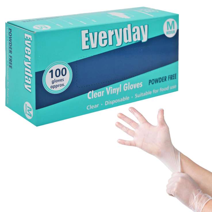 Everyday Clear Disposable Vinyl Gloves (Powder Free) 100 Pack - Medium