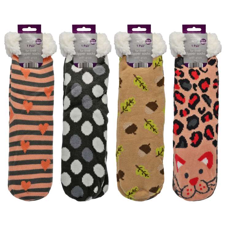 Country Club Fur Lined Slipper Socks (One Size) - Assorted Designs