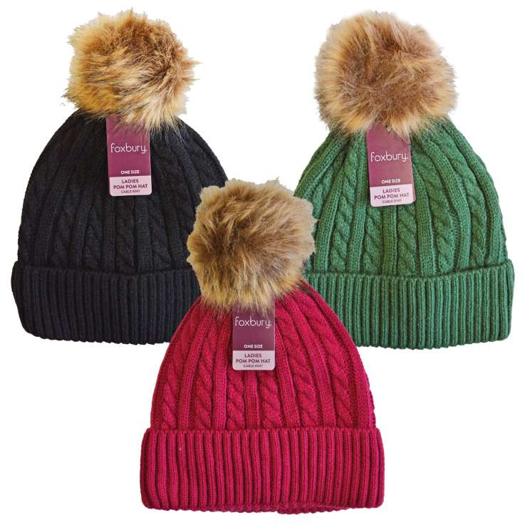 Foxbury Ladies Cable Knit Lined Pom Pom Hats (One Size) - Assorted Colours