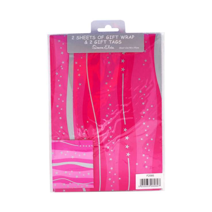 Gift Wrap 2 Pack + 2 Tags (50cm x 70cm) - Pink Stars