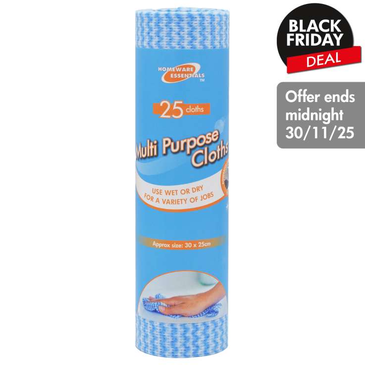 Homeware Essentials Multi Purpose Cleaning Cloths on Roll (30cm x 25cm) 25 Pack