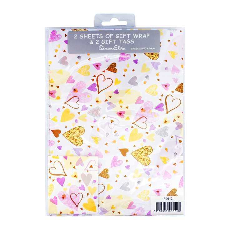 Gift Wrap 2 Pack + 2 Tags (50cm x 70cm) - Love Hearts