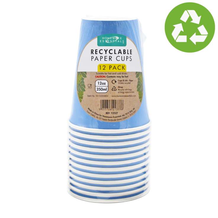 Homeware Essentials Recyclable Paper Cups (350ml) 12 Pack - Blue