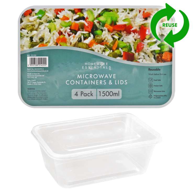 Homeware Essentials Reusable Microwave Containers & Lids (1500ml) 4 Pack