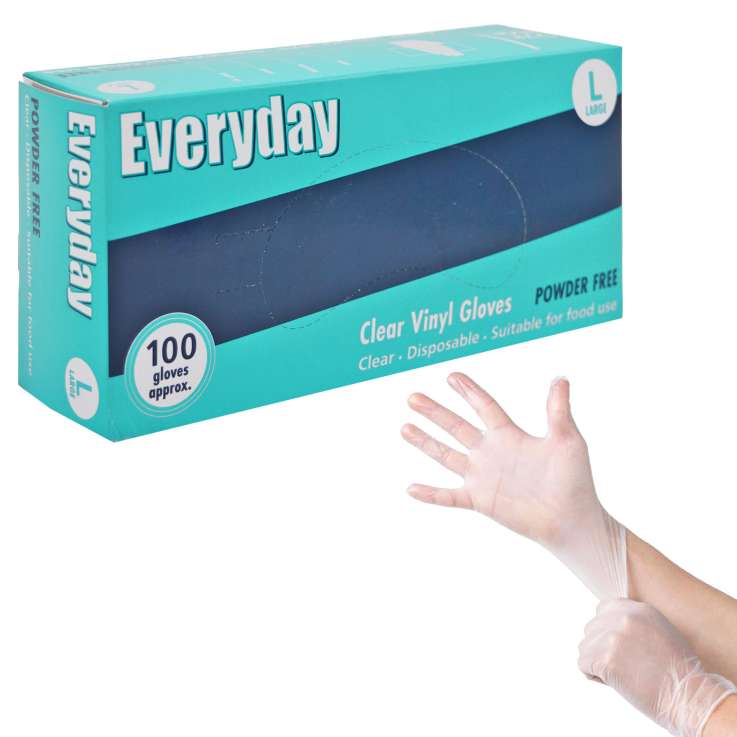 Everyday Clear Disposable Vinyl Gloves (Powder Free) 100 Pack - Large