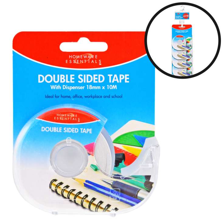 Homeware Essentials Double Sided Tape (18mm x 10M) with Dispenser - Loaded Clip Strip