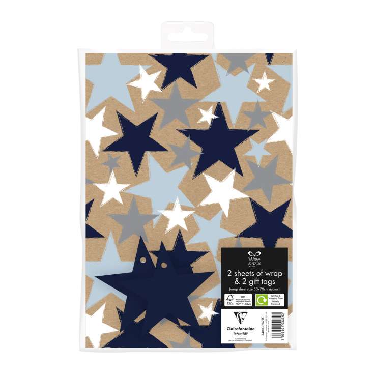 Gift Wrap 2 Pack + 2 Tags (50cm x 70cm) - Stars