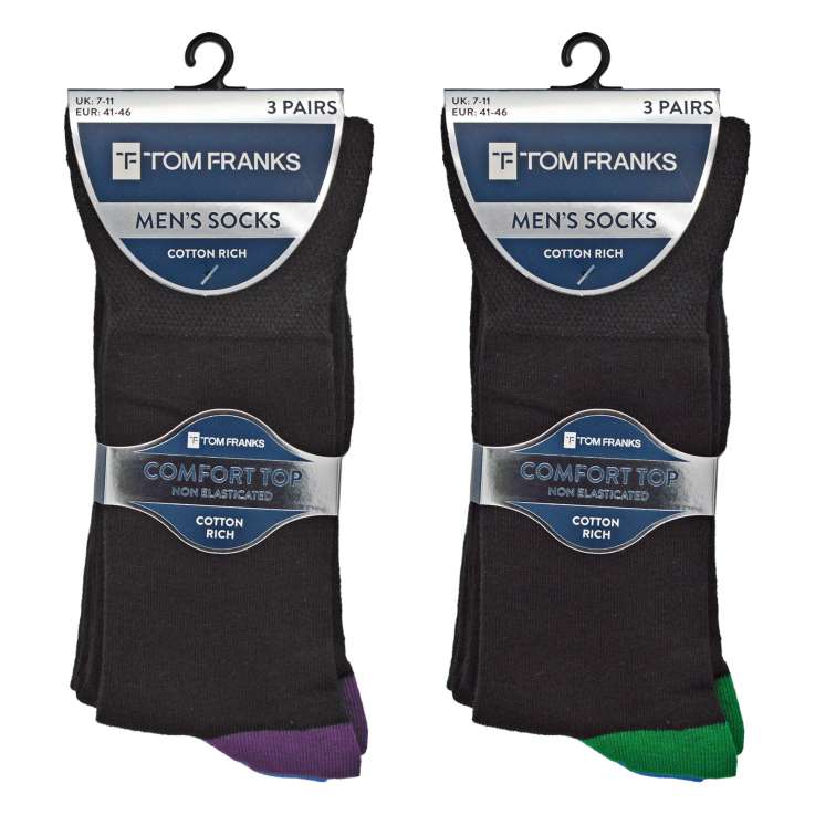 Tom Franks Men's Cotton Rich Non Elasticated Heel & Toe Socks 3 Pack (Size: 7-11) - Assorted Colours