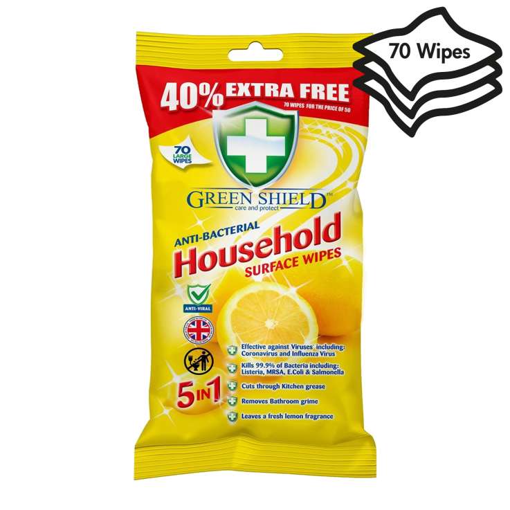 Green Shield Antibacterial Household Wipes 50 Pack + 40% Extra Free