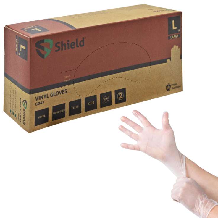 Shield Clear Disposable Vinyl Gloves (Powdered) 100 Pack - Large