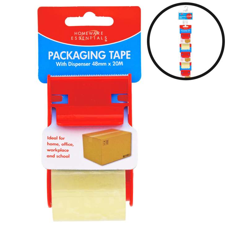 Homeware Essentials Packaging Tape (48mm x 20M) with Dispenser - Loaded Clip Strip