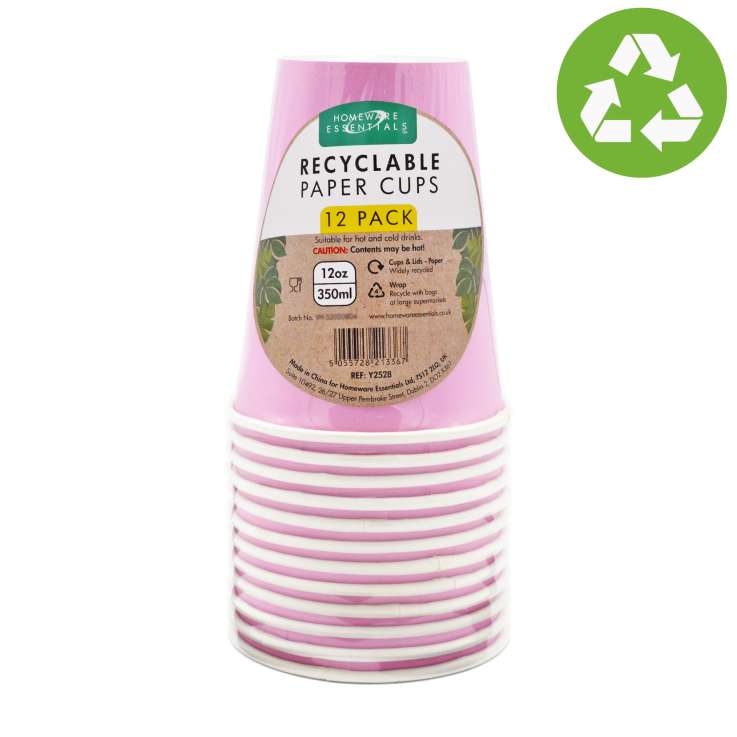 Homeware Essentials Recyclable Paper Cups (350ml) 12 Pack - Pink