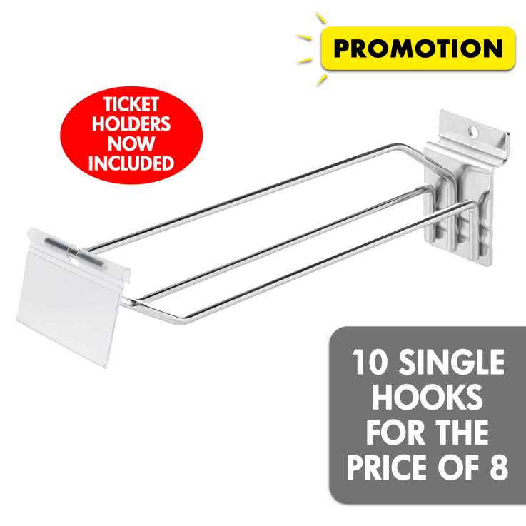 Euro Hook for Slatwall 8" (Chrome) with Overhead Bar + Price Tag