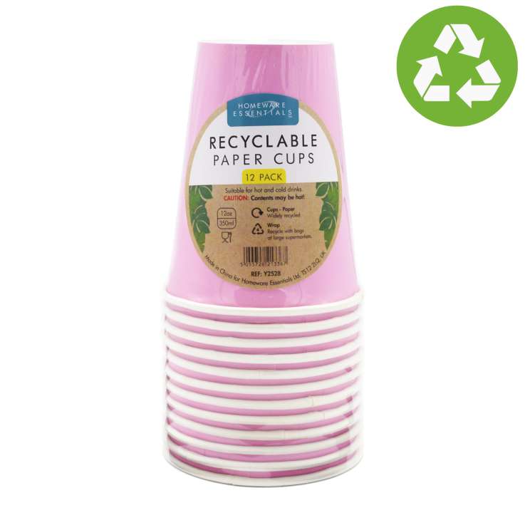 Homeware Essentials Recyclable Paper Cups (350ml) 12 Pack - Pink