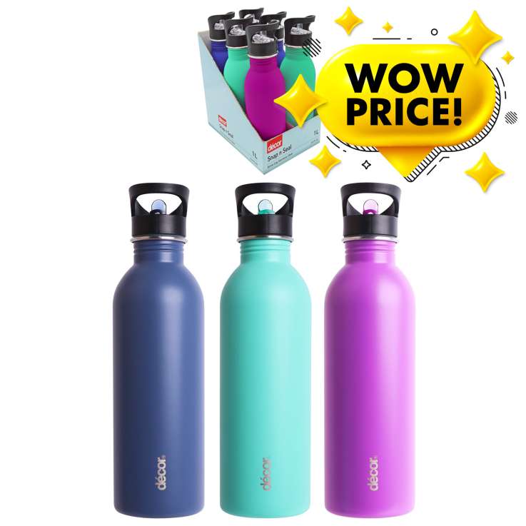 Décor Snap n Seal Soft Touch Stainless Steel Bottle (1L) - Assorted Colours