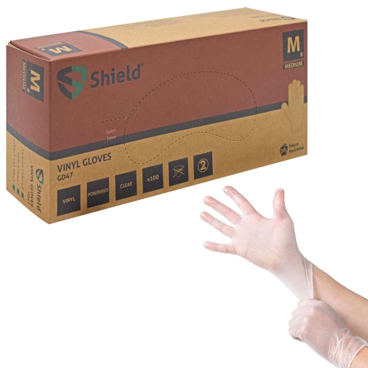 Shield Clear Disposable Vinyl Gloves (Powdered) 100 Pack - Medium