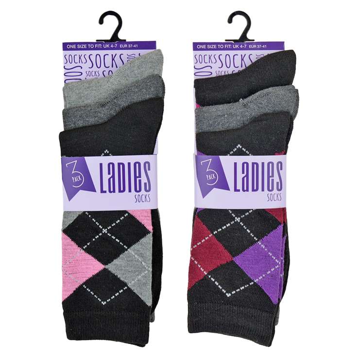 Ladies Argyle Socks (Size 4-7) 3 Pack - Assorted Colours