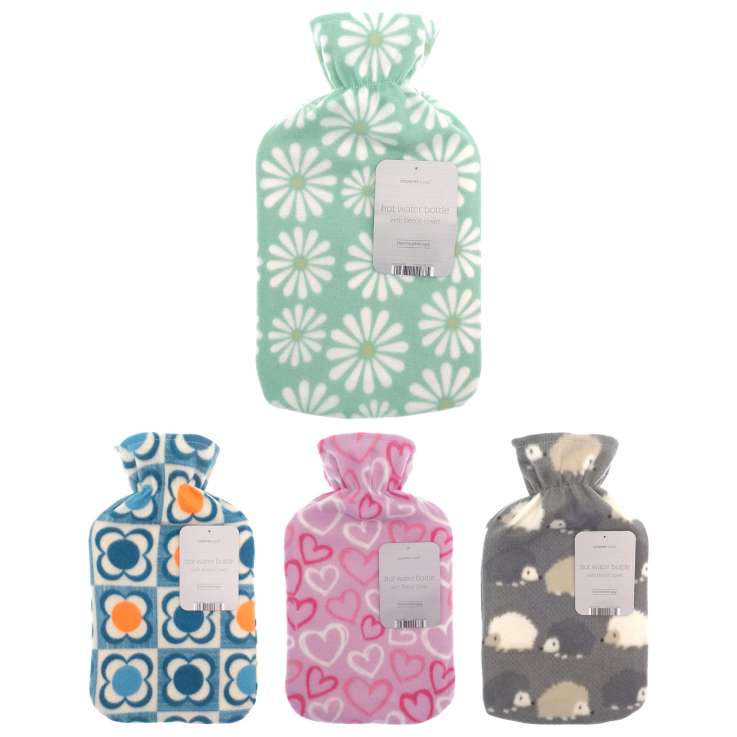 Country Club Hot Water Bottle (2L) with Printed Fleece Cover - Assorted Designs