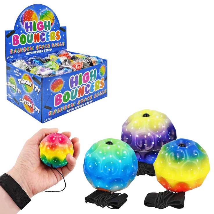 High Bouncers Rainbow Space Balls (6.2cm) with Return Strap - Assorted Colours