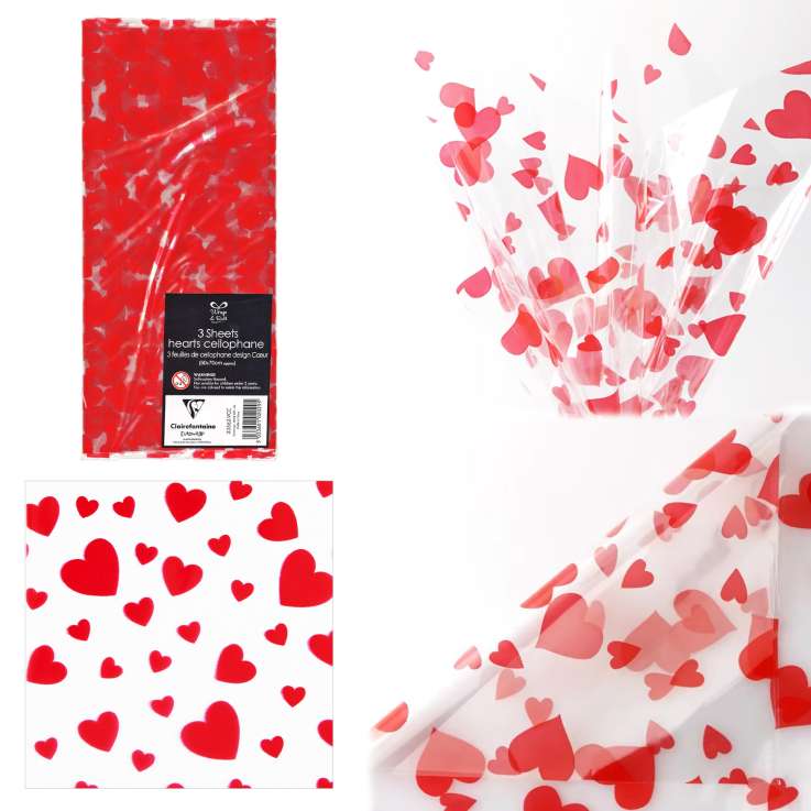 Heart Cellophane Sheets (50cm x 70cm) 3 Pack