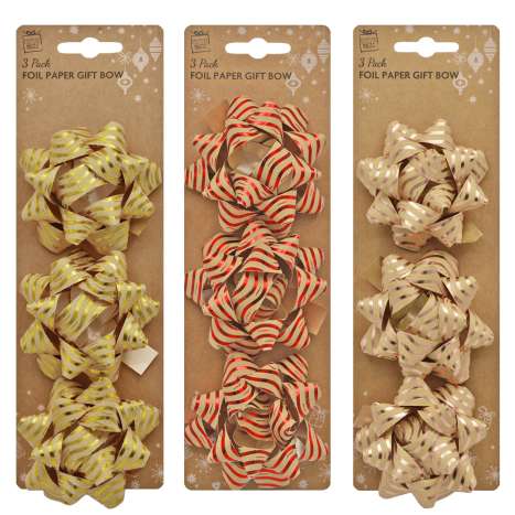 Christmas Foil Paper Gift Bows 3 Pack - Assorted Colours