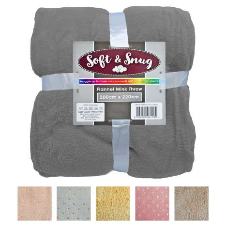 Soft & Snug Flannel Mink Throw (200cm x 220cm) - Assorted Colours