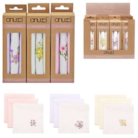 Anucci Ladies Handkerchiefs (28cm x 28cm) 3 Pack - Assorted Colours