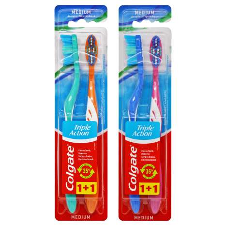 Colgate Triple Action Medium Toothbrush 2 Pack - Assorted Colours