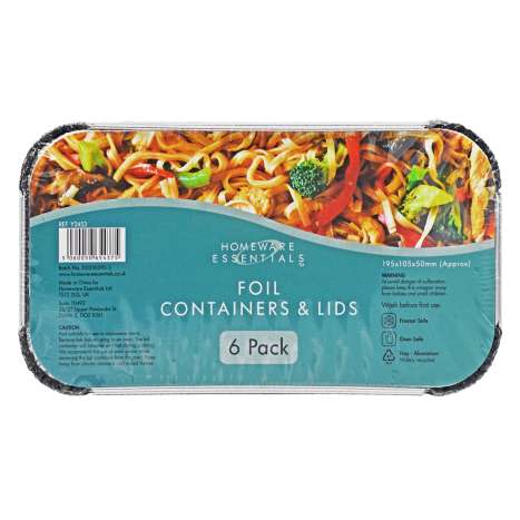 Homeware Essentials Foil Containers & Lids (19.5cm x 10.5cm) 6 Pack