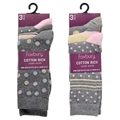 Foxbury Ladies Cotton Rich Socks 3 Pack (Size: 4-7) - Assorted Designs