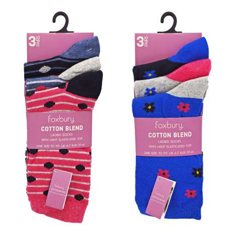 Foxbury Ladies Cotton Blend Socks 3 Pack (Size 4-7) - Assorted Designs
