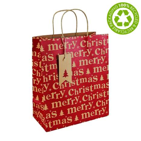 Large Gift Bags (26.5cm x 33cm) - Kraft Merry Christmas Text