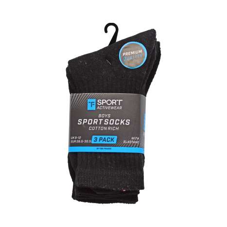 Tom Franks Boys Sports Socks 3 Pack (Size: 9-12) - Black