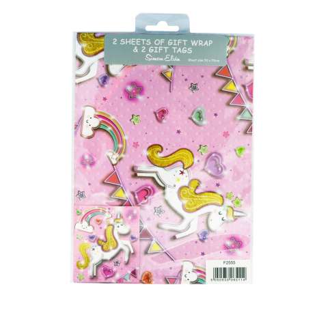 Gift Wrap 2 Pack + 2 Tags (50cm x 70cm) - Pink Unicorns