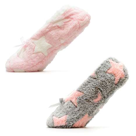 Foxbury Ladies Slipper Socks with Sherpa Lining and Bow (Size S/M & M/L) - Stars