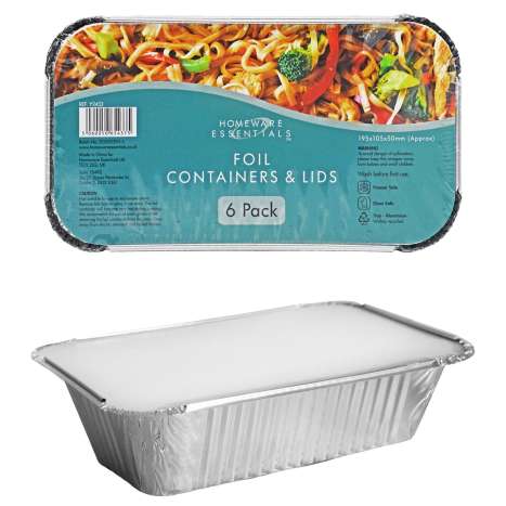 Homeware Essentials Foil Containers & Lids (19.5cm x 10.5cm) 6 Pack
