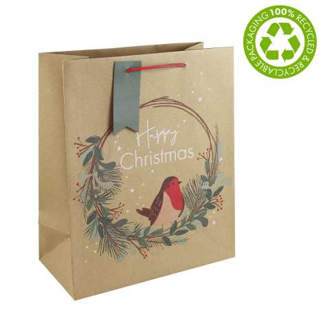 Large Gift Bags (26.5cm x 33cm) - Kraft Robin Wreath
