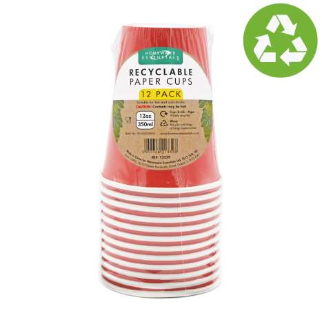 Homeware Essentials Recyclable Paper Cups (350ml) 12 Pack - Red