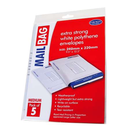 White Polythene Envelopes 5 Pack (240mm x 320mm) - Medium