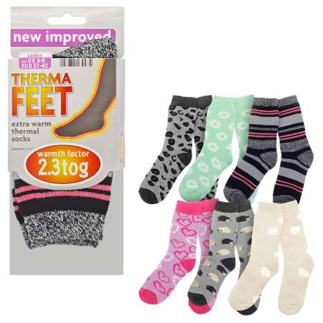 Country Club Ladies Therma Feet Extra Warm Thermal Socks (Size: 4-8) - Assorted Colours