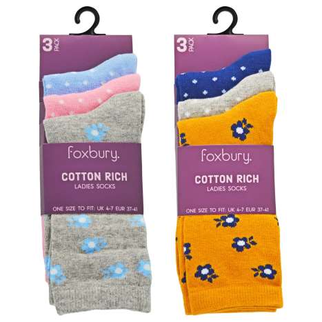 Foxbury Ladies Cotton Rich Socks (Size: 4-7) - Assorted Designs