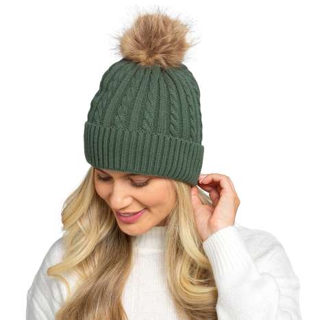 Foxbury Ladies Cable Knit Lined Pom Pom Hats (One Size) - Assorted Colours