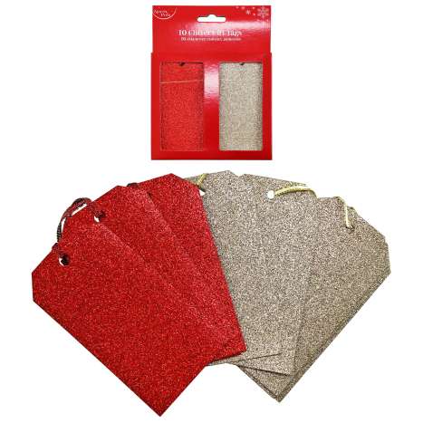 Christmas Glitter Gift Tags 10 Pack - Red & Gold