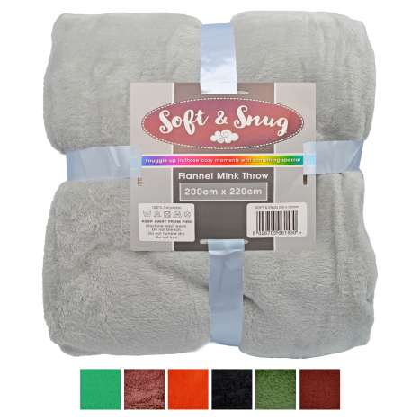 Soft & Snug Flannel Mink Throw (200cm x 220cm) - Assorted Colours